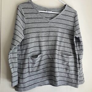 J. Jill Grey Striped Long Sleeve V-Neck Shirt with Front Pockets Waffle Knit